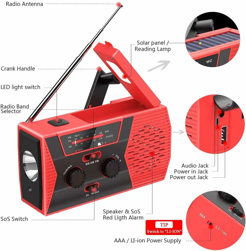 Emergency Flashlight Am FM Wb Solar Powered Radio Hand Crank with Mobile Charging 2000mAh Battery for Camping Walkman